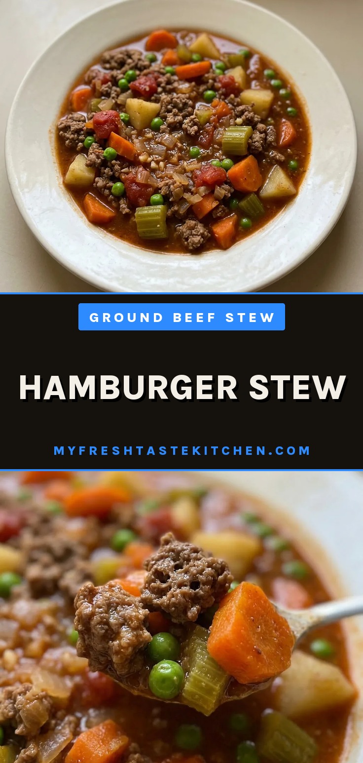 Hamburger stew with ground beef, carrots, and potatoes in broth.