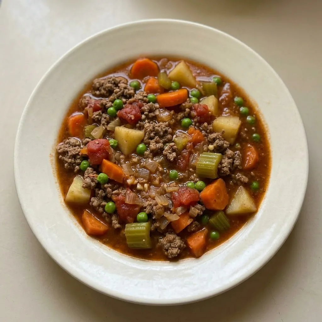 Plated stew with ground beef, onions, carrots, and potatoes in a tomato-based broth, garnished with Italian seasoning.