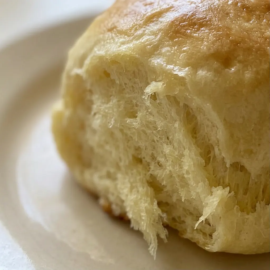 Up close, a single Hawaiian roll shows a shiny, butter-brushed surface with a slight sheen from pineapple juice, and a tender, fluffy interior.