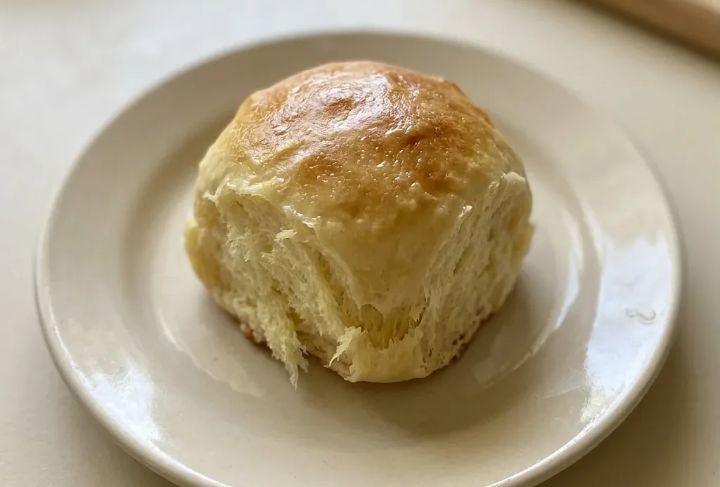 Looking down at three golden Hawaiian rolls arranged in a triangle, each with a glossy buttered top and a soft, soft crumb visible.