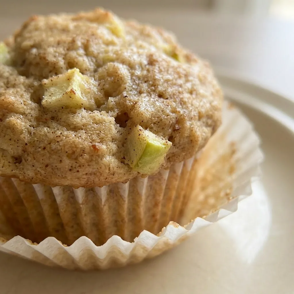 Up close, a muffin with visible green apple chunks and a cinnamon-sugar topping, next to a small bowl of Greek yogurt.