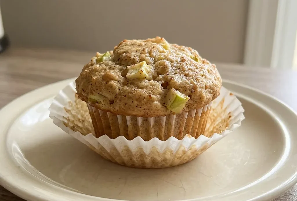Looking down at two apple cinnamon muffins topped with walnut pieces and a drizzle of maple syrup.