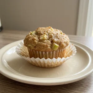 Looking down at two apple cinnamon muffins topped with walnut pieces and a drizzle of maple syrup.