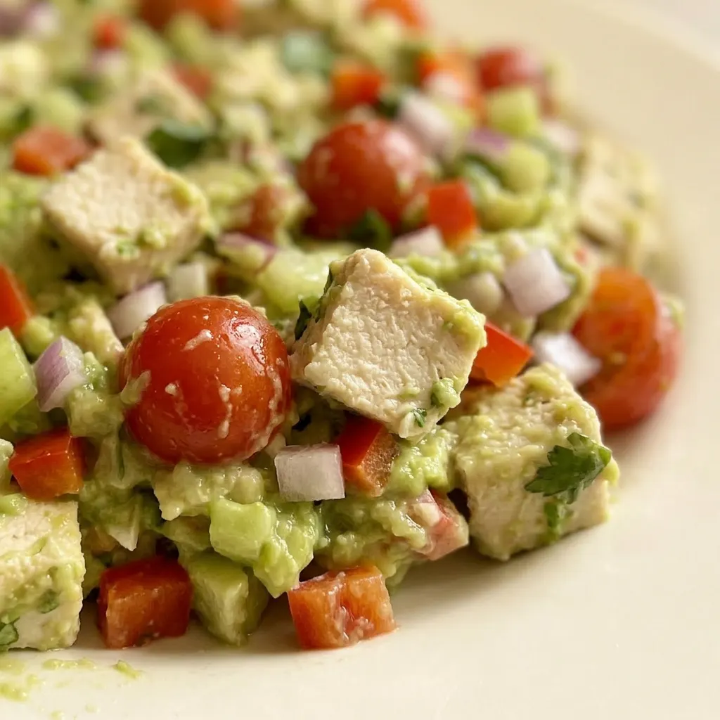 Macro detail of creamy avocado and shredded chicken salad with chunks of tomato, red onion, celery, and red bell pepper, topped with fresh cilantro.
