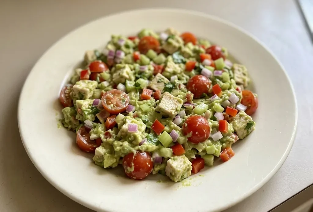 Top-down look at diced avocado and chicken salad with tomato, red onion, celery, and red bell pepper, garnished with cilantro and lime wedges.