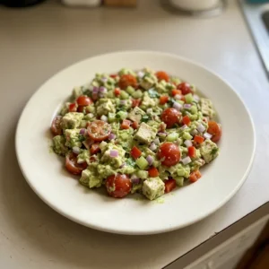 Top-down look at diced avocado and chicken salad with tomato, red onion, celery, and red bell pepper, garnished with cilantro and lime wedges.