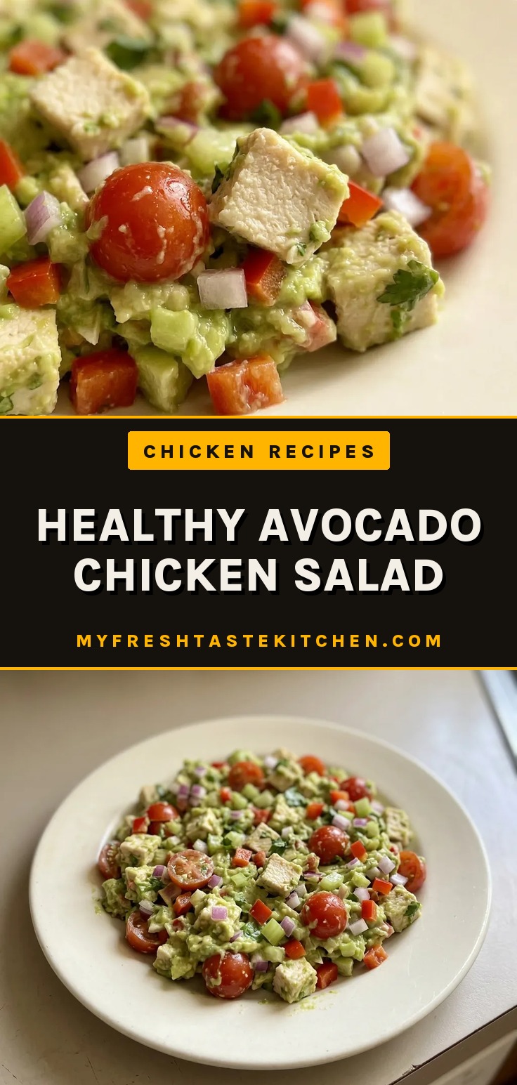 Top-down look at diced avocado and chicken salad with tomato, red onion, celery, and red bell pepper, garnished with cilantro and lime wedges.