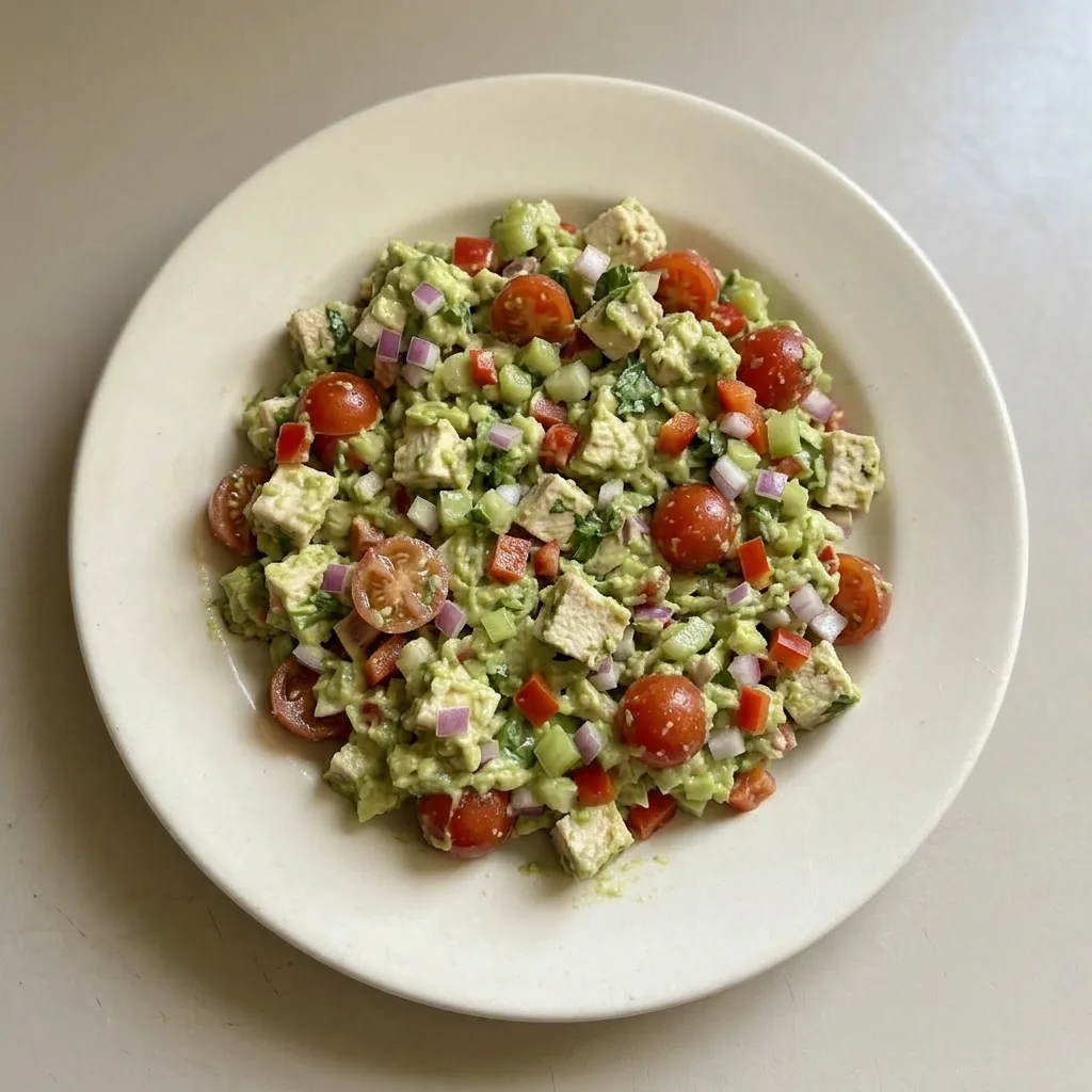 A serving of avocado chicken salad with visible chunks of avocado, chicken, tomato, red onion, celery, and red bell pepper, sprinkled with cilantro.