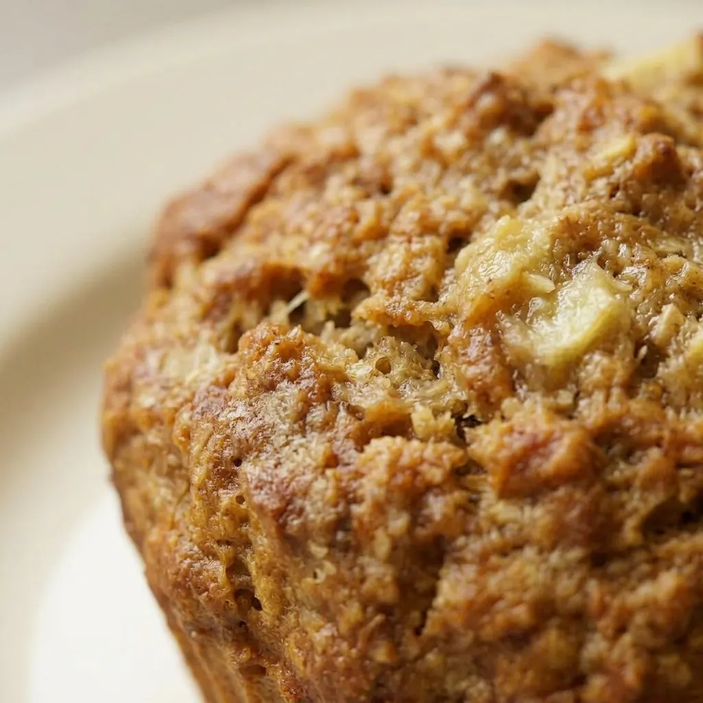 Macro detail of a banana oatmeal muffin showing the crumbly oat surface and a dollop of yogurt, close-up from a low angle.