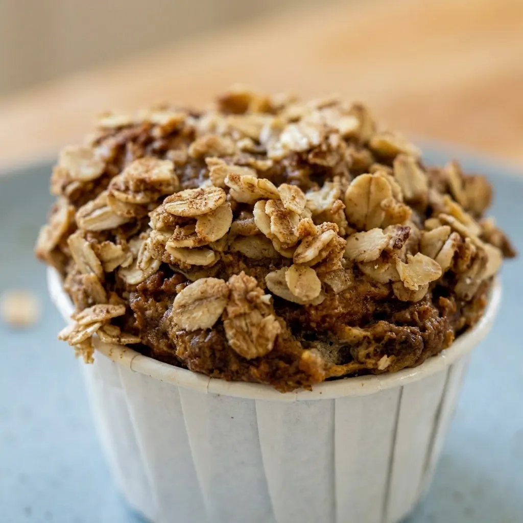 Close view of a banana oatmeal muffin with visible oat texture, topped with a slice of banana and a dusting of cinnamon.