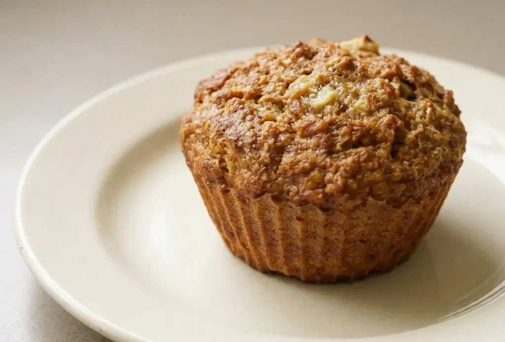 Top-down look at a banana oatmeal muffin with visible oat texture and a slice of banana on top, shot from above.