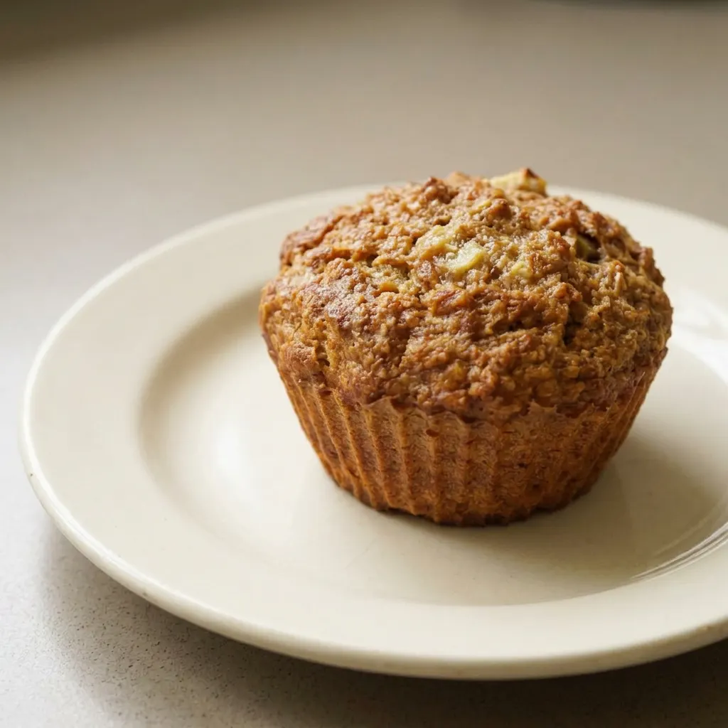 Top-down look at a banana oatmeal muffin with visible oat texture and a slice of banana on top, shot from above.