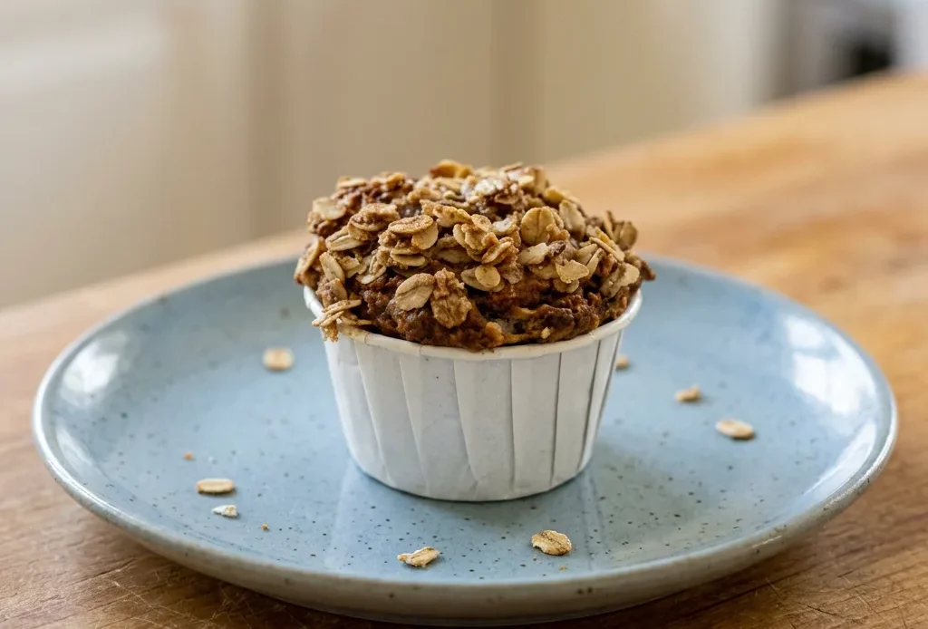 Overhead shot of two banana oatmeal muffins on a dark surface, one cut in half showing oats and cinnamon specks.