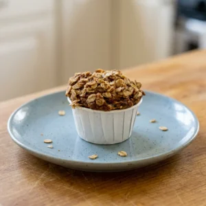 Overhead shot of two banana oatmeal muffins on a dark surface, one cut in half showing oats and cinnamon specks.