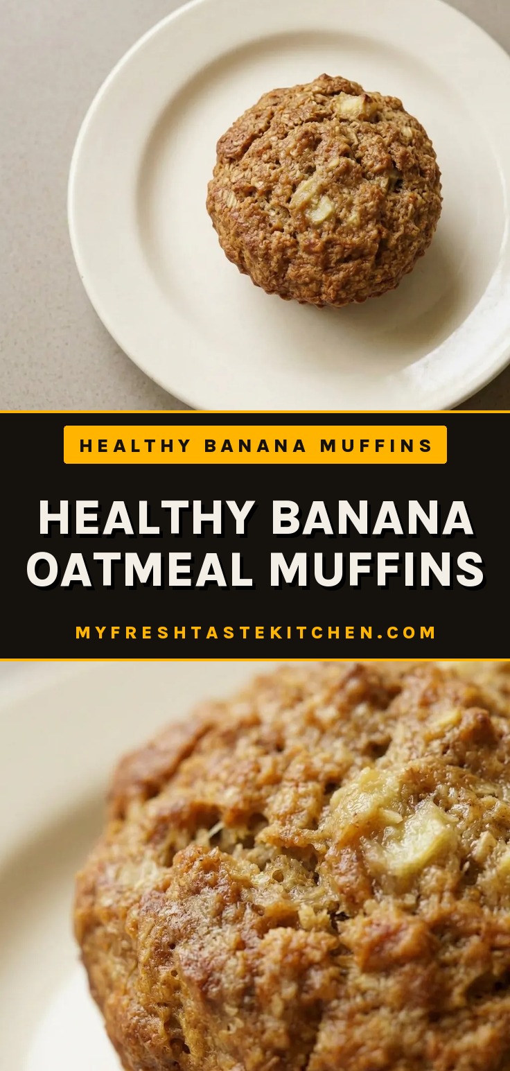 Top-down look at a banana oatmeal muffin with visible oat texture and a slice of banana on top, shot from above.