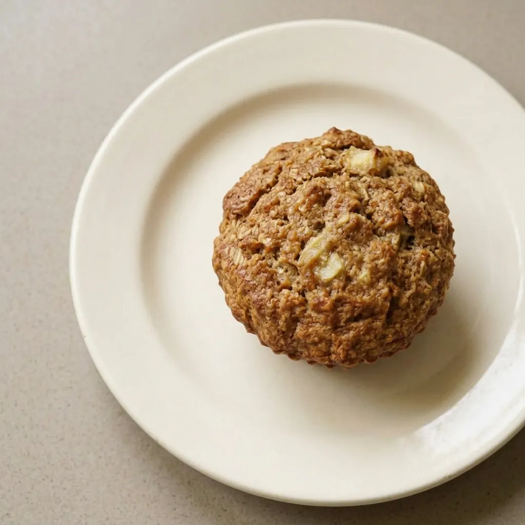 A serving of a banana oatmeal muffin with a drizzle of honey and a sprinkle of cinnamon, photographed from a side angle.