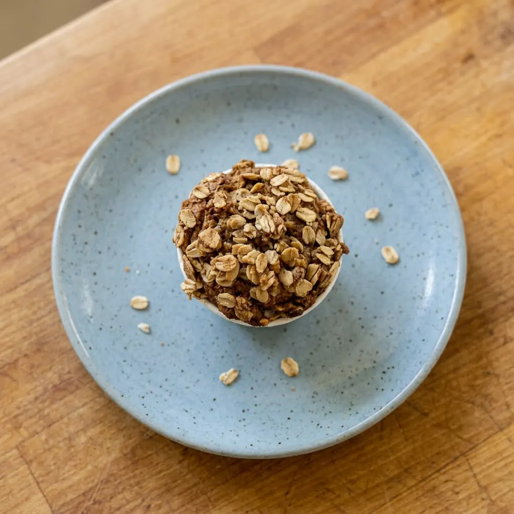 Plated banana oatmeal muffin on a small plate, garnished with a cinnamon stick and whole nutmeg.