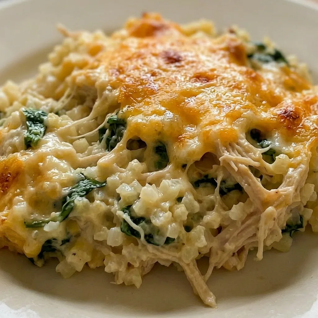 Macro detail of a creamy casserole bite with chicken, cauliflower rice, and cream cheese topped with golden cheddar.