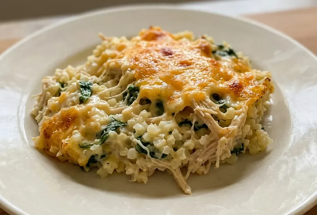 Top-down look at a casserole with chunks of chicken and melted cheddar cheese over cauliflower rice.