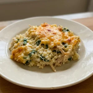 Top-down look at a casserole with chunks of chicken and melted cheddar cheese over cauliflower rice.