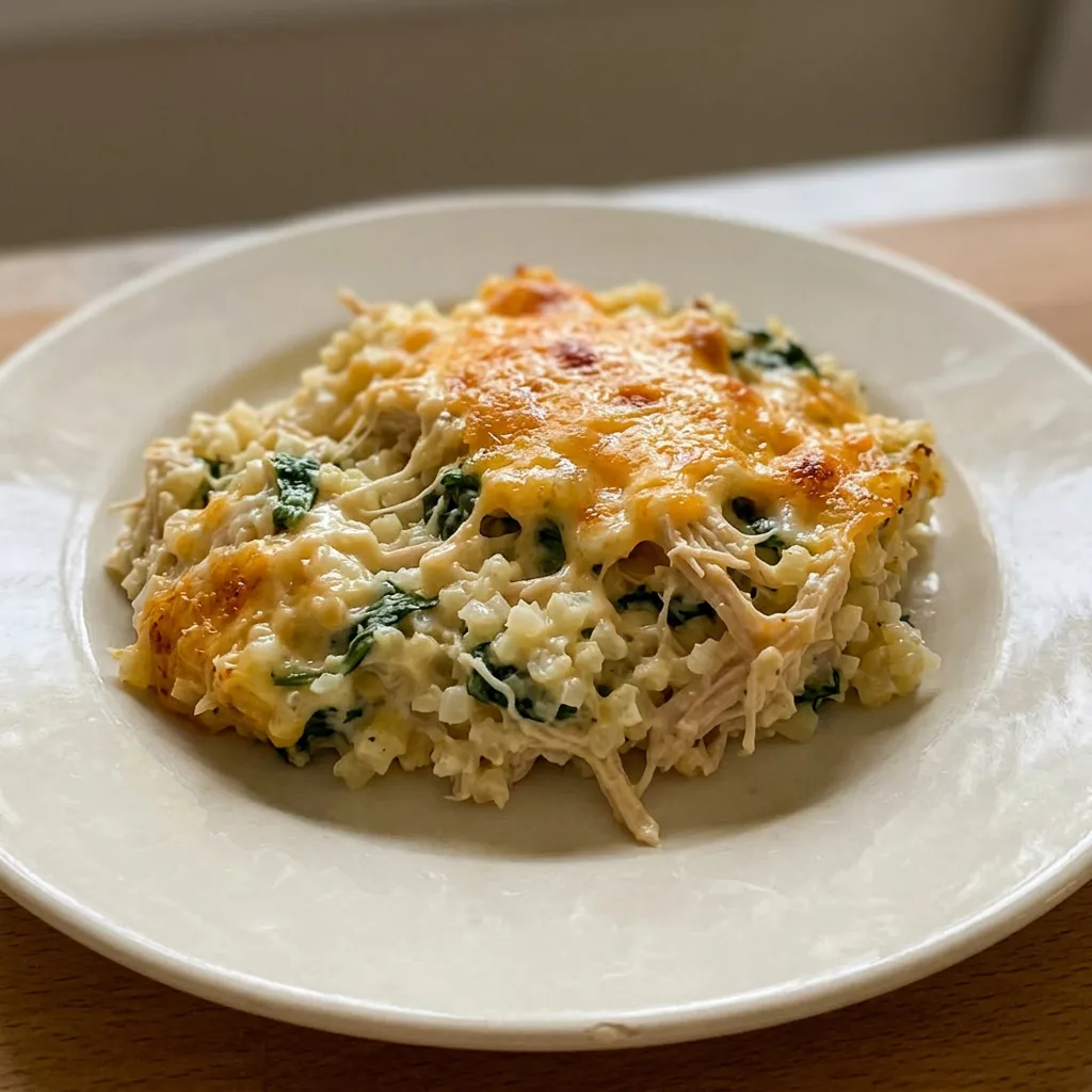Top-down look at a casserole with chunks of chicken and melted cheddar cheese over cauliflower rice.