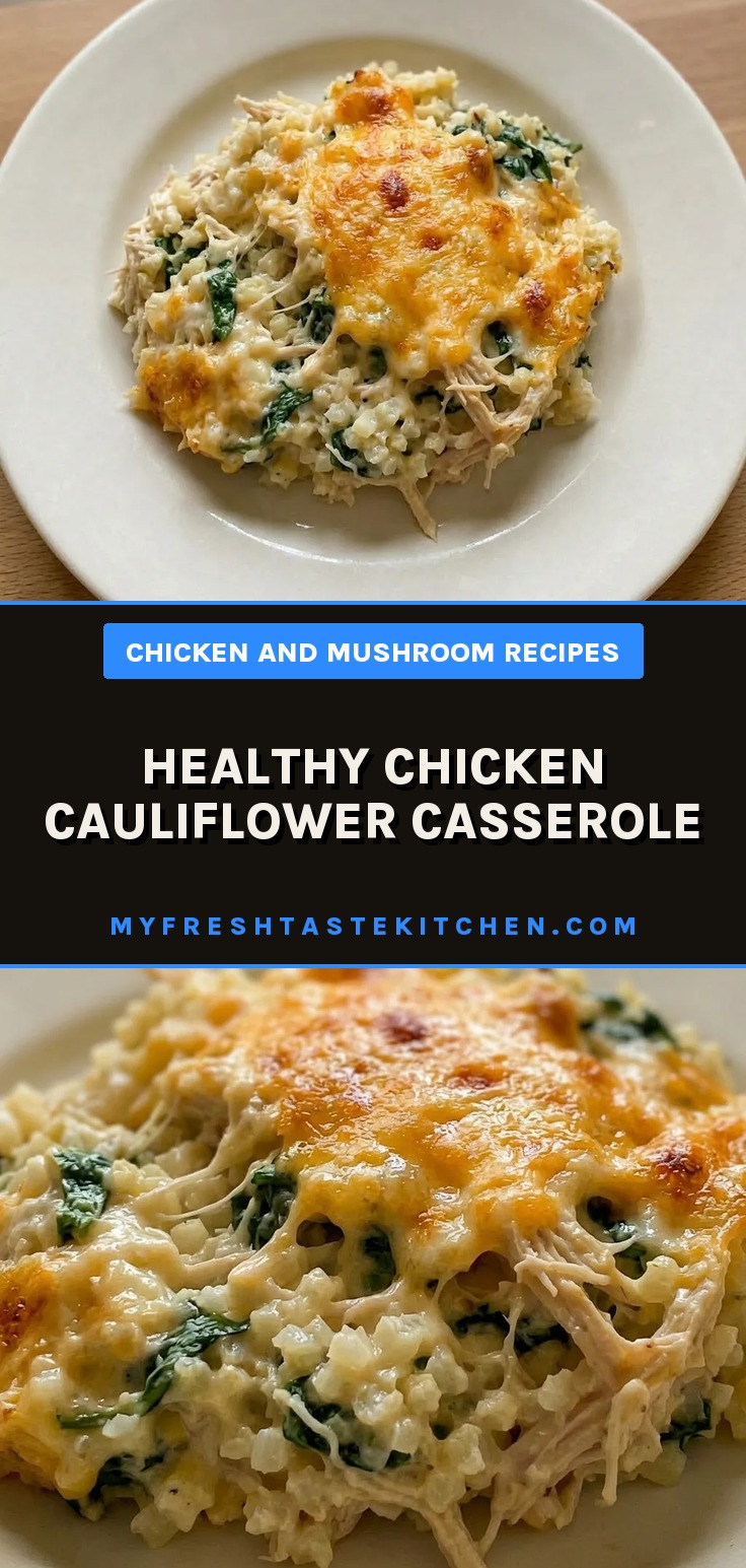 Top-down look at a casserole with chunks of chicken and melted cheddar cheese over cauliflower rice.