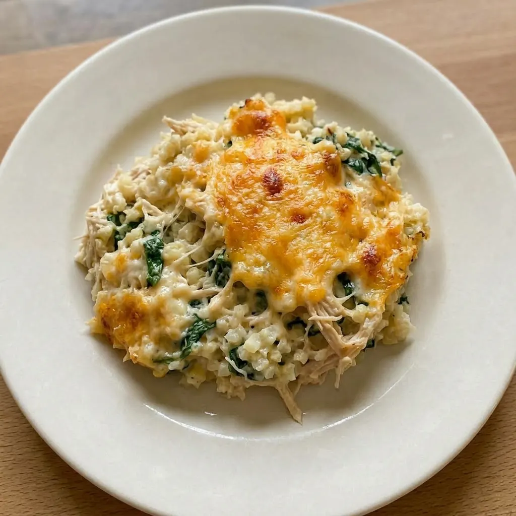A serving of chicken cauliflower casserole with visible chunks of chicken and melted cheddar cheese.