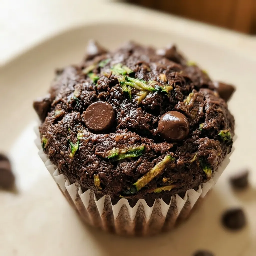 Macro detail of a chocolate muffin with melted chocolate chips and green flecks of zucchini.