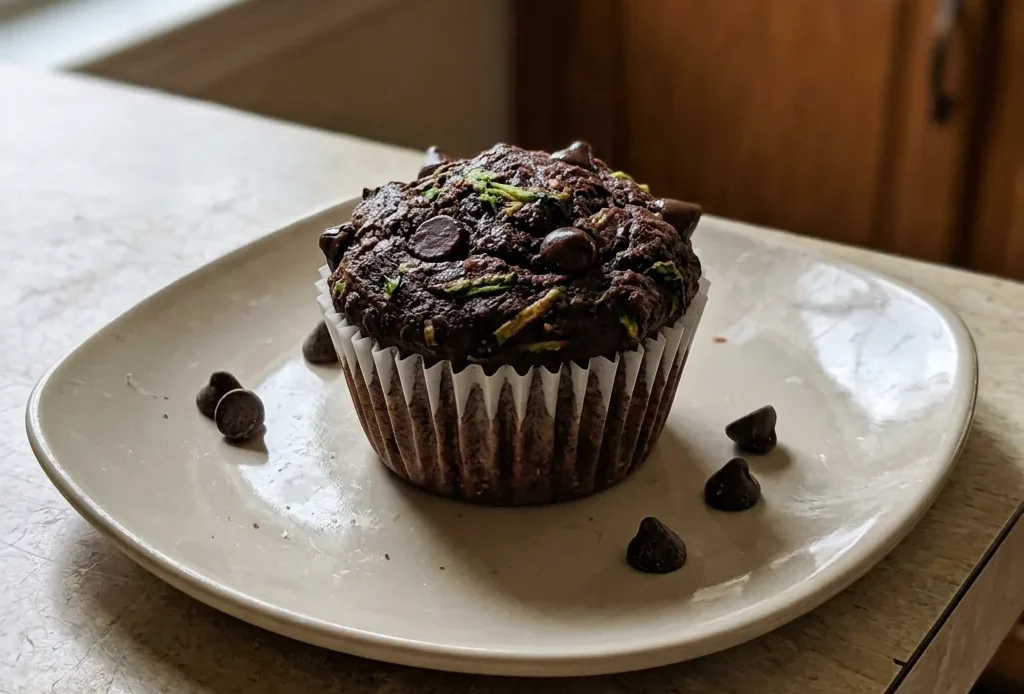 Top-down look at a chocolate muffin topped with chocolate chips, with grated zucchini visible inside.