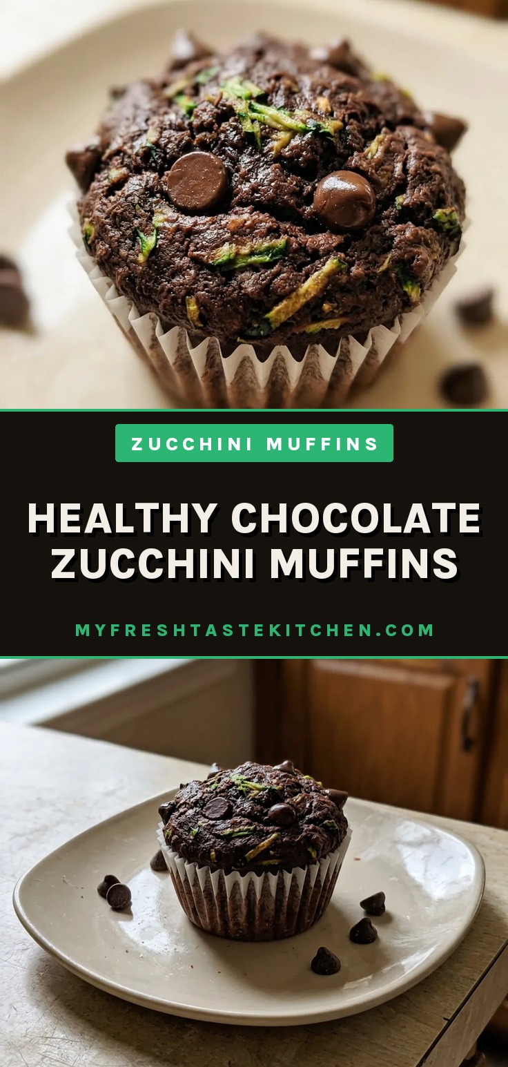 Top-down look at a chocolate muffin topped with chocolate chips, with grated zucchini visible inside.