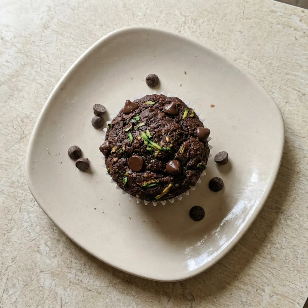 A serving of a moist chocolate muffin studded with chocolate chips and zucchini.