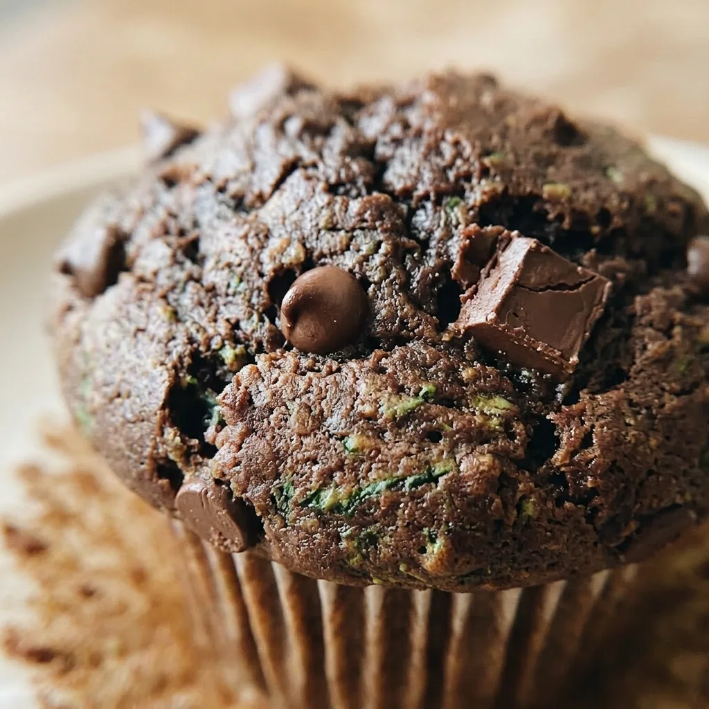 Up close, a chocolate muffin with visible zucchini and spinach flecks, banana, cocoa powder, and chocolate chips.