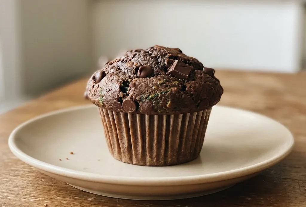 Looking down at three chocolate muffins with zucchini, spinach, banana, cocoa powder, and chocolate chips.