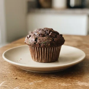 Looking down at three chocolate muffins with zucchini, spinach, banana, cocoa powder, and chocolate chips.