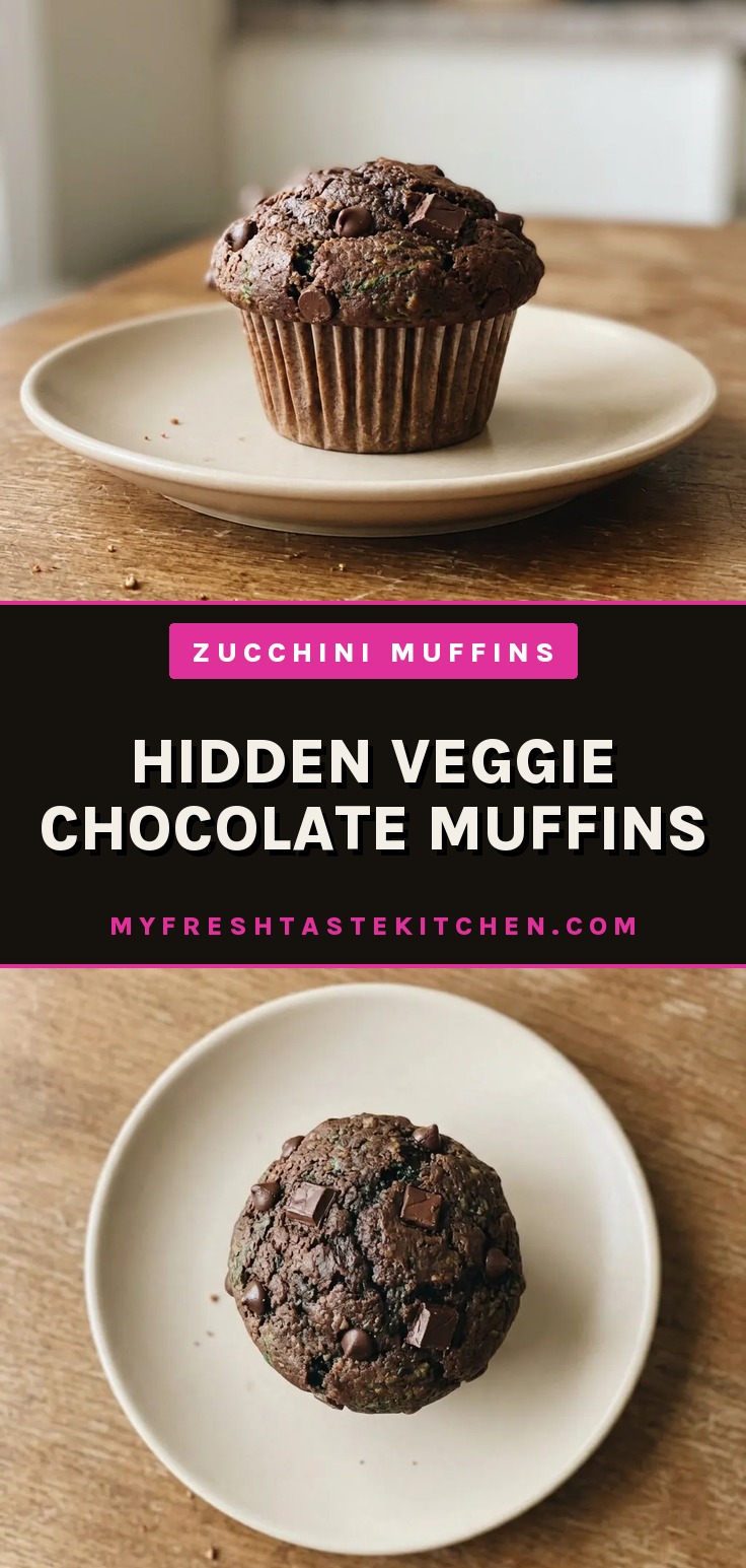 Looking down at three chocolate muffins with zucchini, spinach, banana, cocoa powder, and chocolate chips.