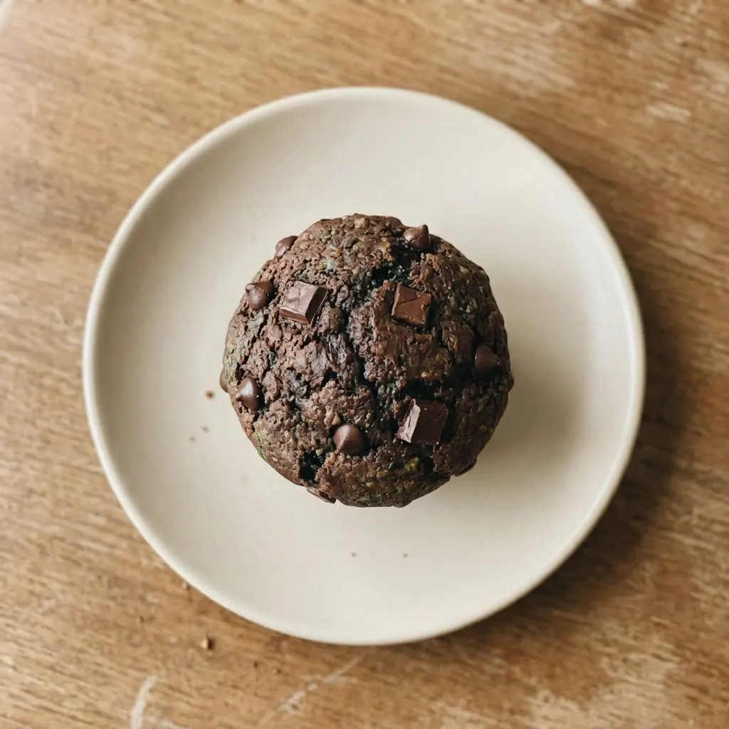 A plate of chocolate muffins made with zucchini, spinach, banana, cocoa powder, and chocolate chips.