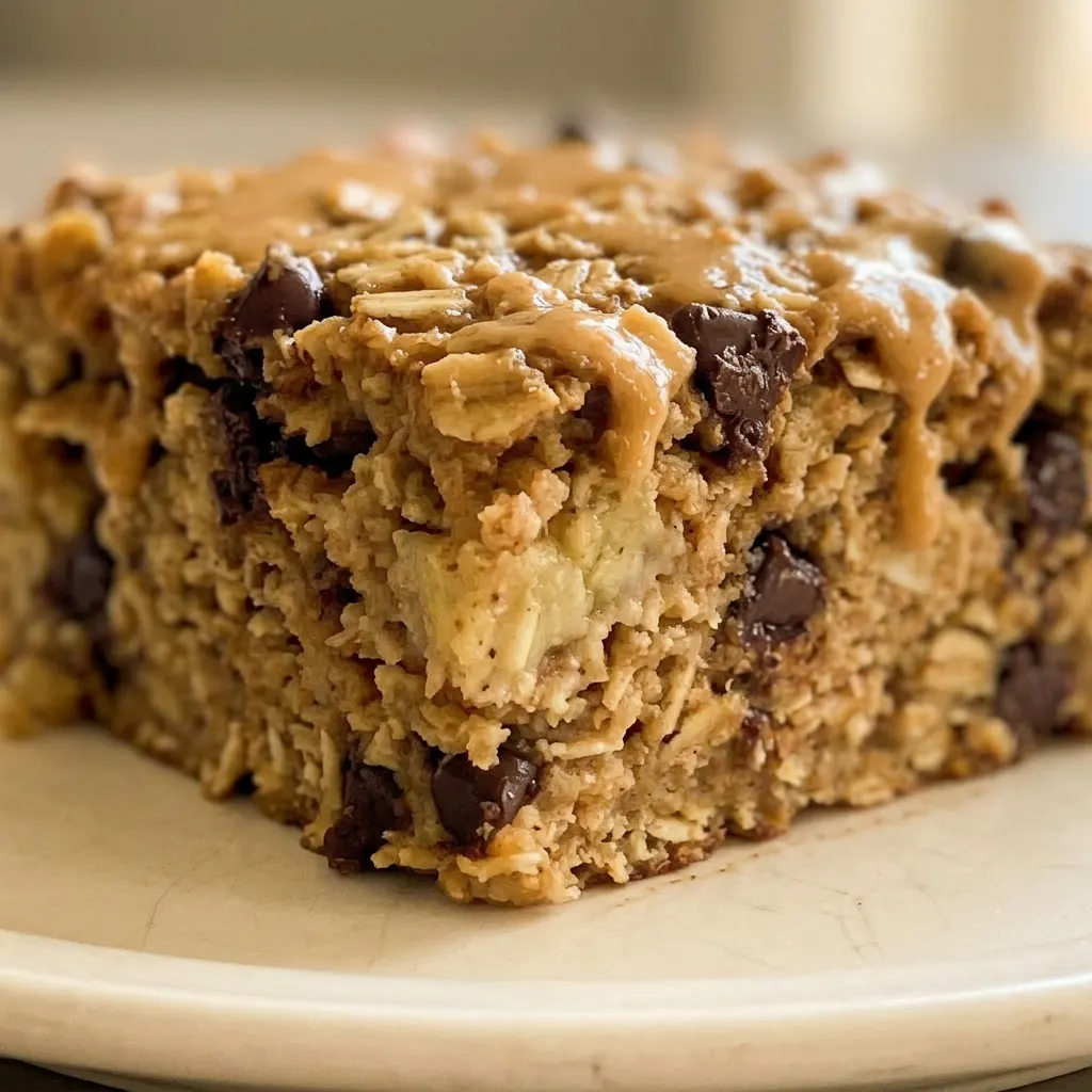 Up close, a baked oatmeal square with visible rolled oats, peanut butter swirls, banana slices, and melted chocolate chips.