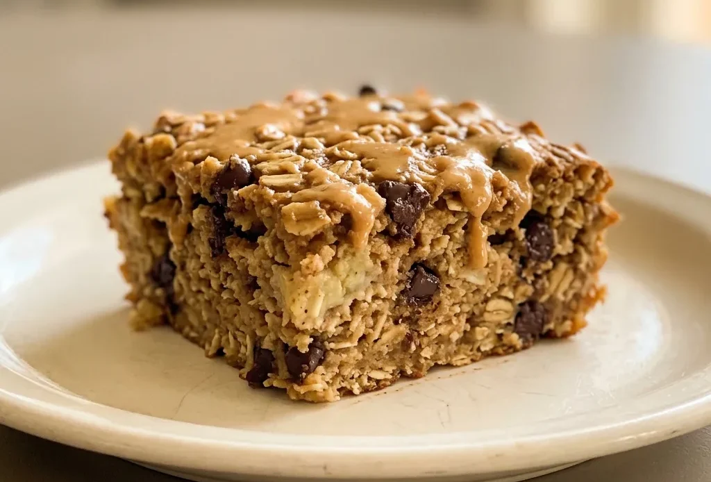 Looking down at a square of baked oatmeal topped with peanut butter drizzle, banana slices, and chocolate chips.