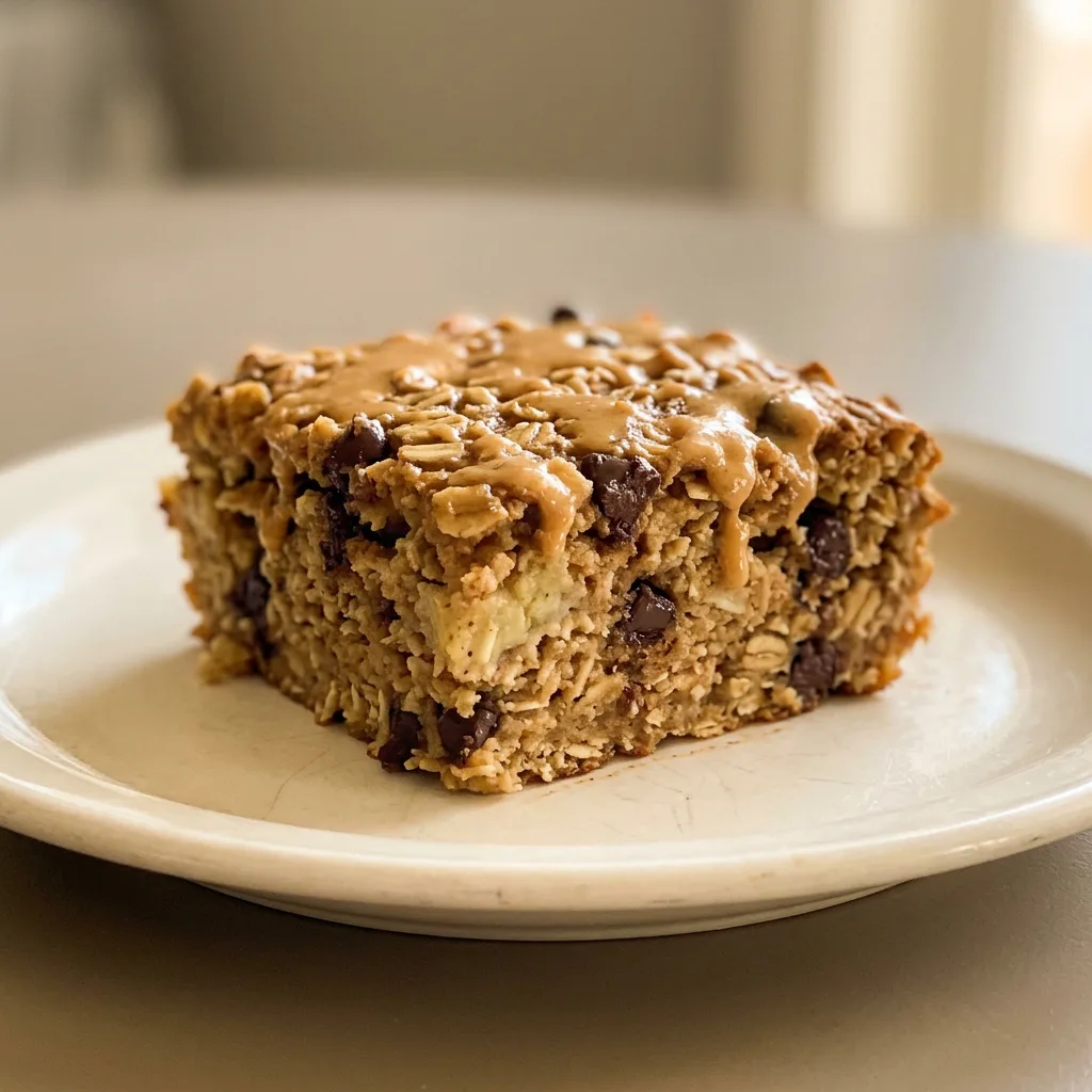 Looking down at a square of baked oatmeal topped with peanut butter drizzle, banana slices, and chocolate chips.