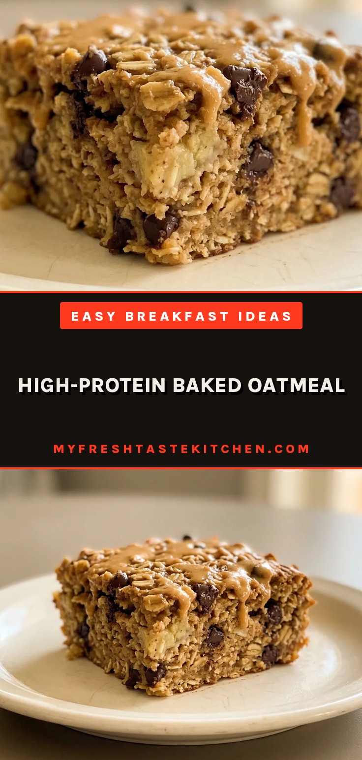 High-protein baked oatmeal squares topped with peanut butter and chocolate drizzle, showing a creamy center and crisp edges.