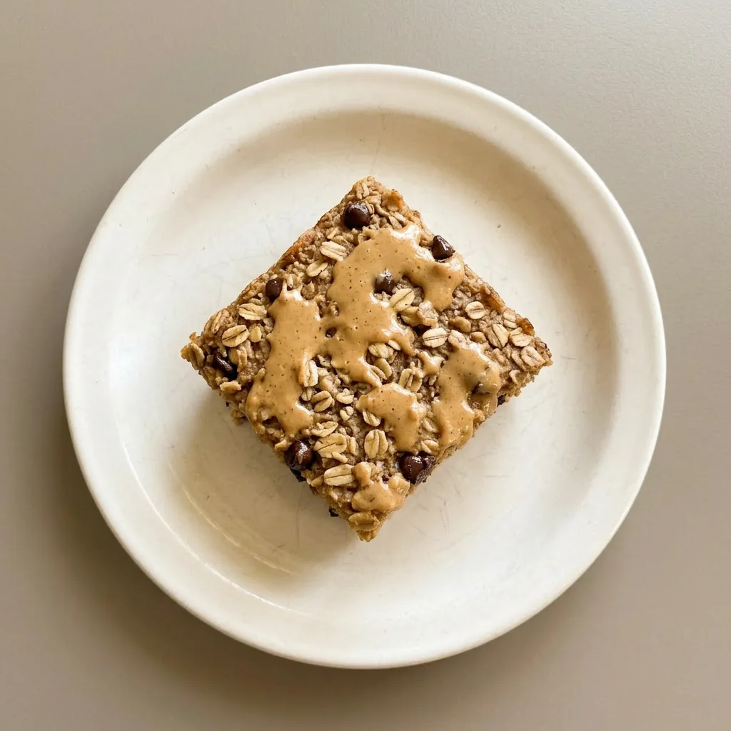 A plate of baked oatmeal square with peanut butter, banana slices, and chocolate chips.
