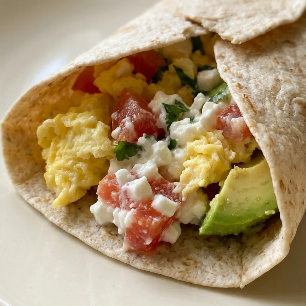 Zoomed in on a cross-section of the wrap revealing layers of eggs, creamy cottage cheese, avocado, and diced tomato, garnished with fresh cilantro.