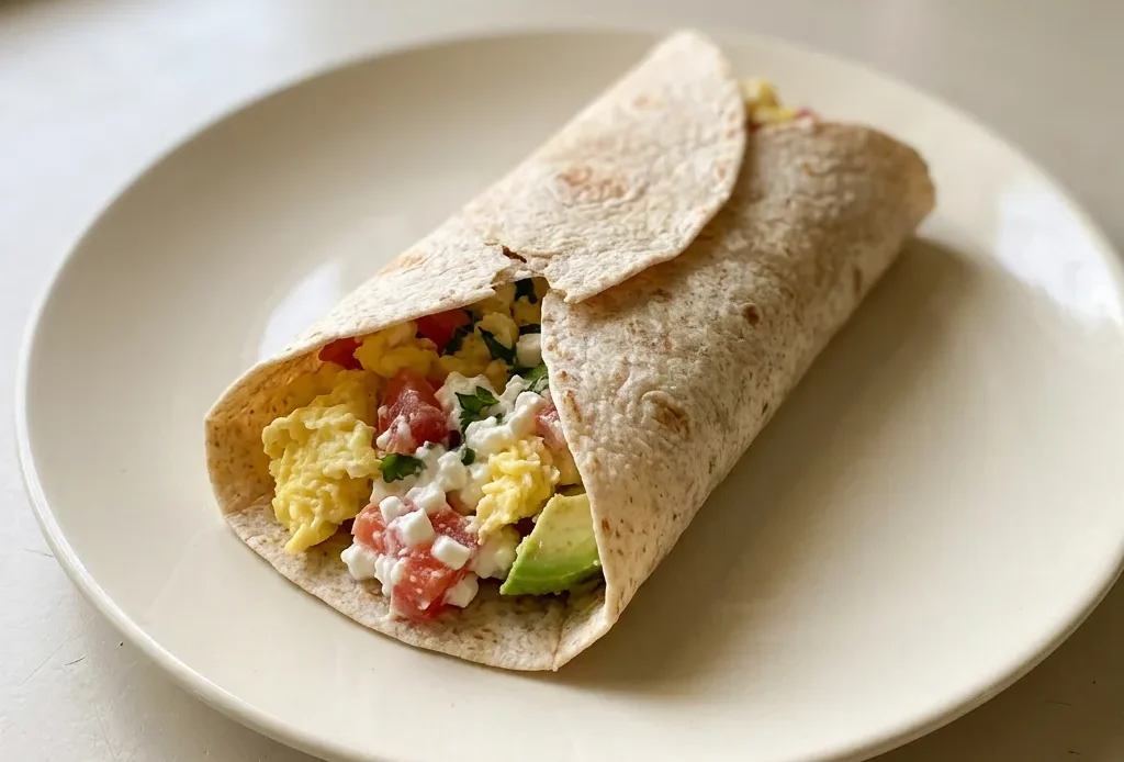 Bird's-eye view of a whole-wheat tortilla wrap filled with scrambled eggs, cottage cheese, avocado slices, tomato, and cilantro, with a lime wedge on the side.
