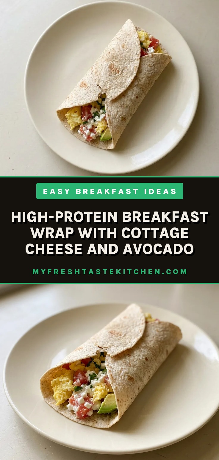 High-protein breakfast wrap with cottage cheese and avocado showing layers of egg, tomato, cilantro, and lime inside a whole-wheat tortilla.