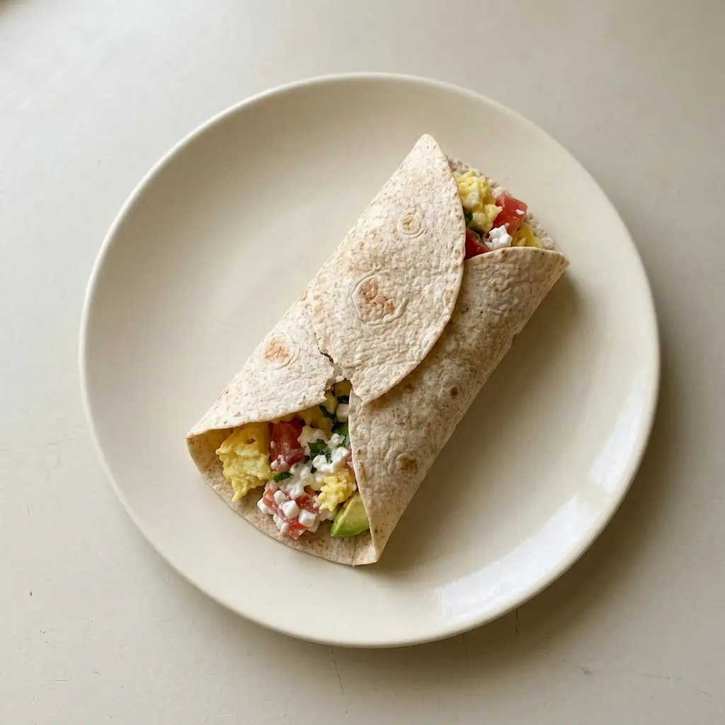 Ready to serve: a whole-wheat tortilla wrap packed with eggs, cottage cheese, avocado, tomato, and cilantro, accompanied by a lime wedge.