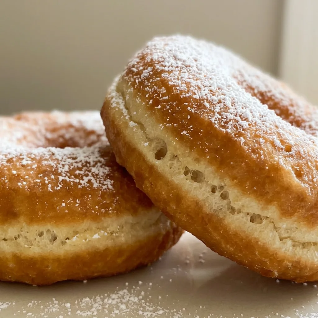 Close view of a golden brown donut topped with powdered sugar, showing a soft interior.