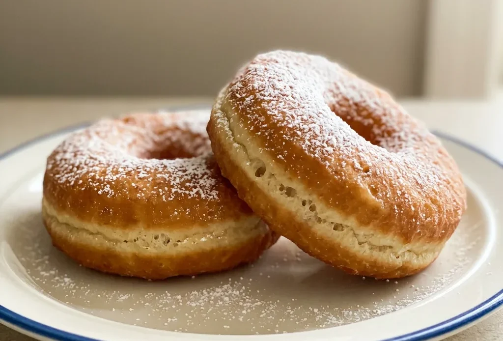 Overhead shot of a round donut with a dusting of powdered sugar on a dark surface.