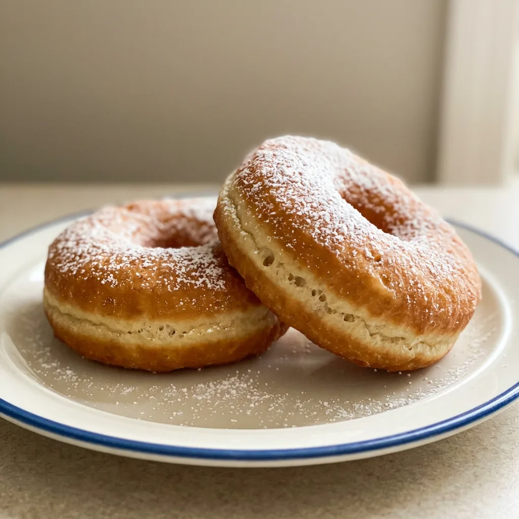Overhead shot of a round donut with a dusting of powdered sugar on a dark surface.