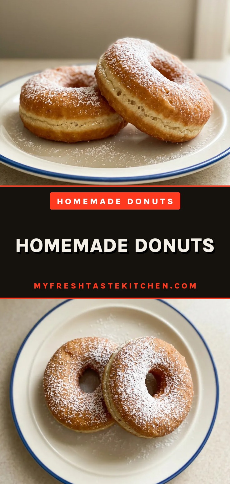 Homemade donuts dusted with powdered sugar, made with butter, active dry yeast, milk, and eggs, fried to golden brown.