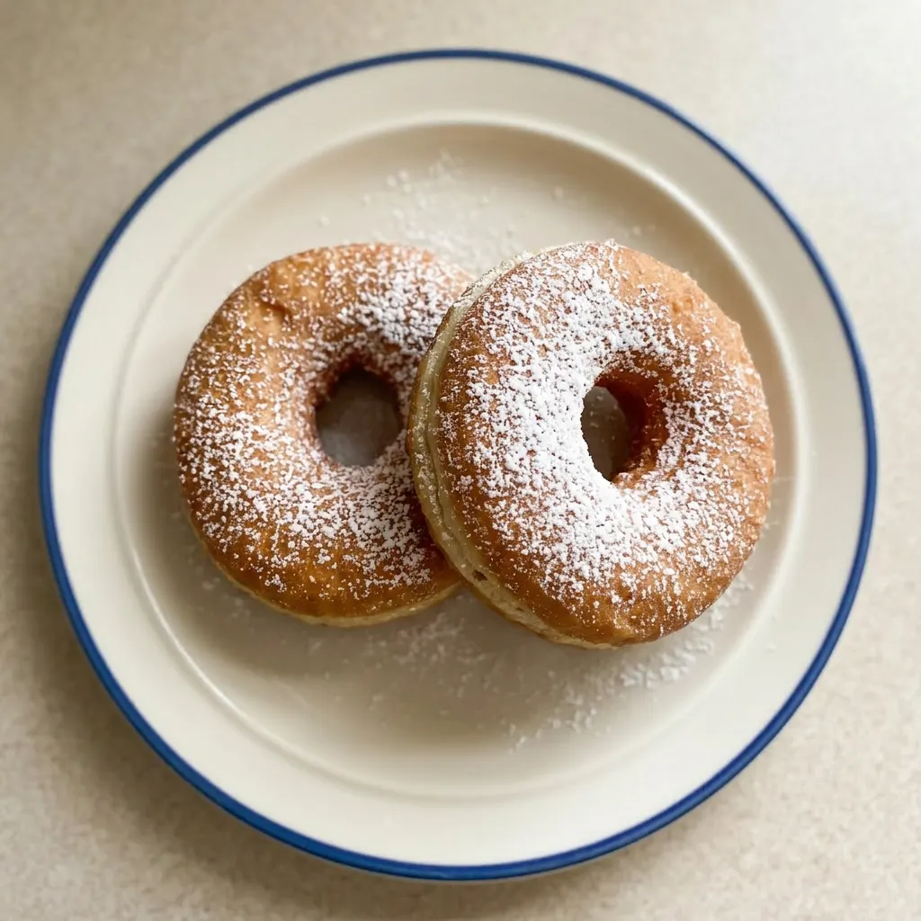 Plated donut with a generous coating of powdered sugar, presented on a dark background.